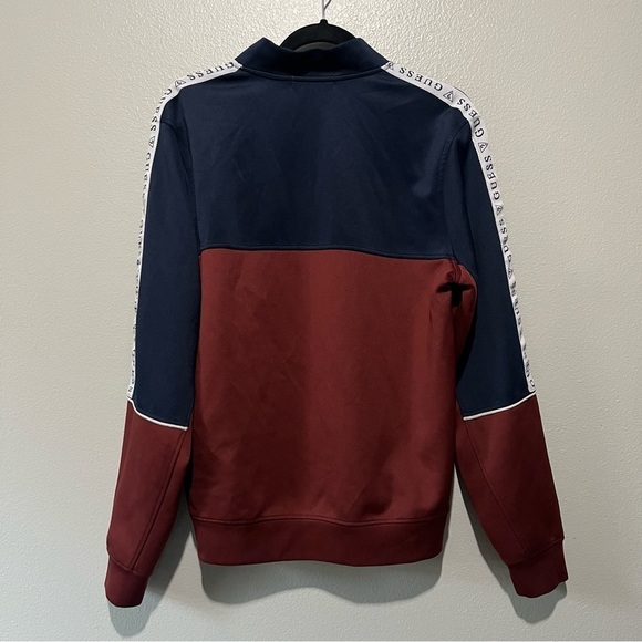 GUESS- Half Zip Sweater in Maroon and Navy Blue With Logo on arms Size M - Picture 2 of 4